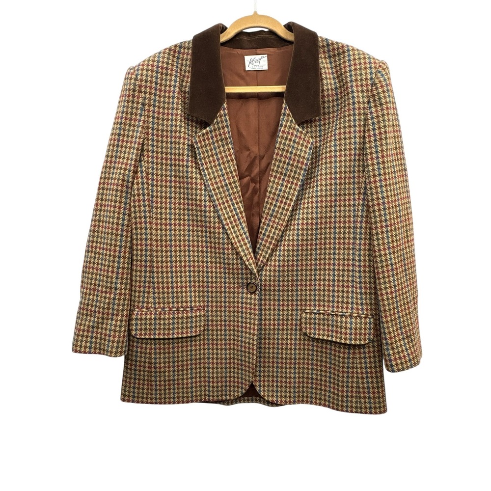 Koret Petites Wool Blend Houndstooth Plaid Blazer‎ Suede Collar Academic   14